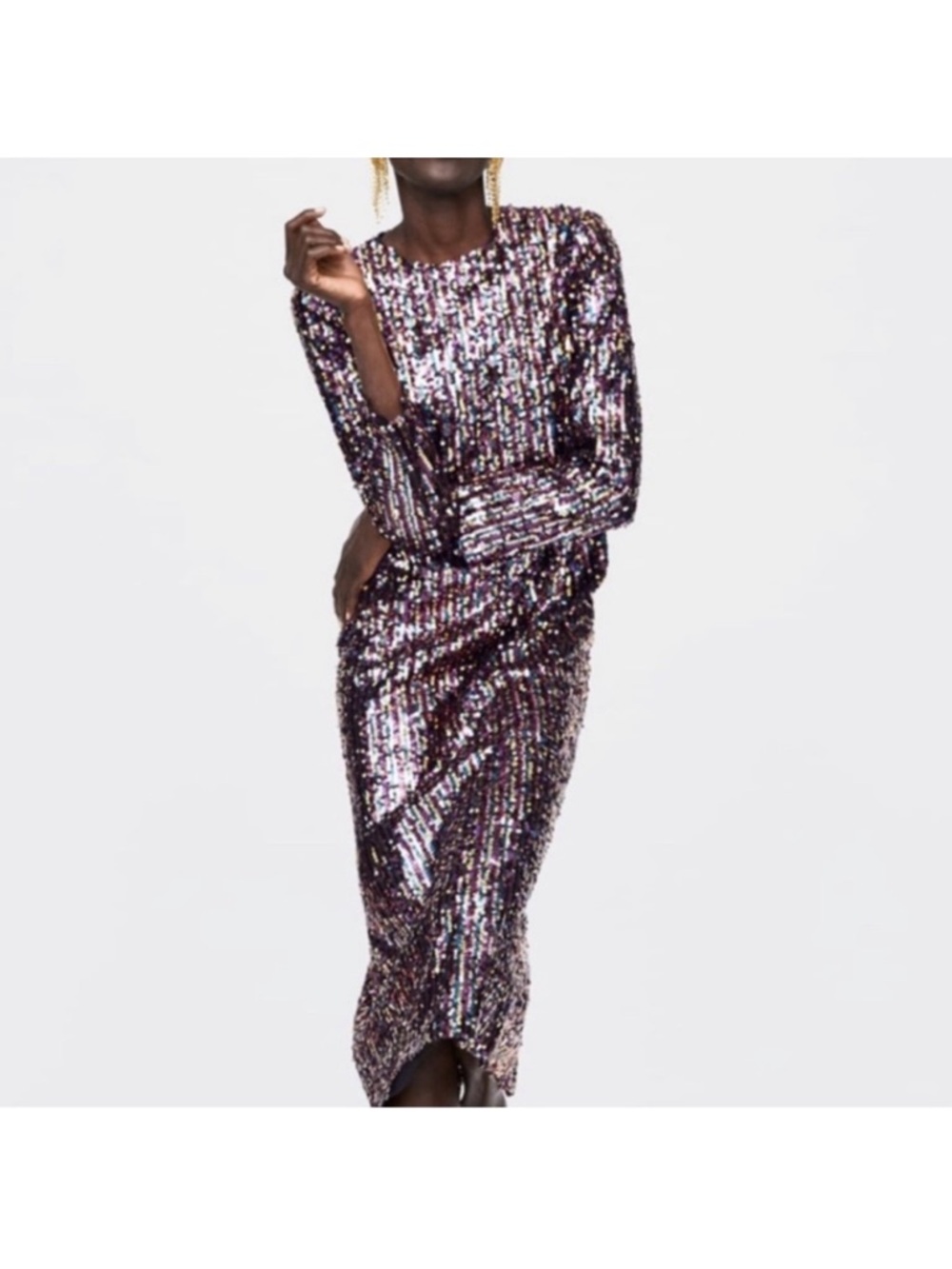 Zara Long Sleeve Sequin Midi Dress in Purple Metallic